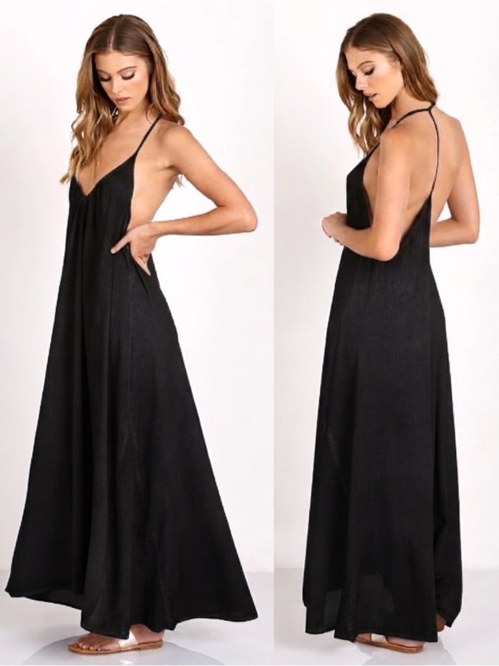 9seed Santorini Black Cotton Gauze T-Back Maxi Dress OS Boho Resort USA Beach